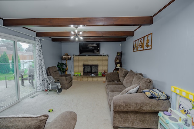 32904 Surow Dr, Warren, MI 48093 - carpeted living room with ceiling fan, beam ceiling, and a fireplace