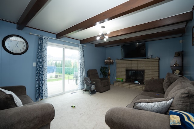 32904 Surow Dr, Warren, MI 48093 - carpeted living room featuring beamed ceiling and a brick fireplace