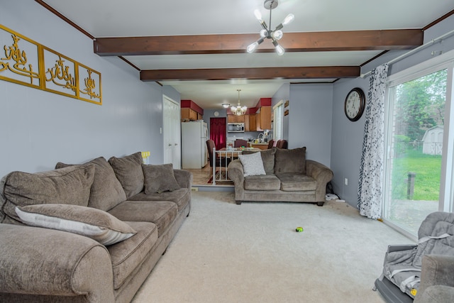 32904 Surow Dr, Warren, MI 48093 - living area with a chandelier, beamed ceiling, and light colored carpet