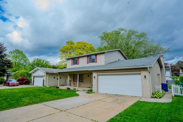 32904 Surow Dr, Warren, MI 48093 - traditional home with brick siding, a garage, covered porch, roof with shingles, and concrete driveway