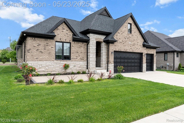 14153 Jode Park, Utica, MI 48315 - french provincial home featuring brick siding, a front yard, a shingled roof, concrete driveway, and an attached garage