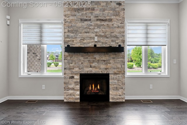 14153 Jode Park, Utica, MI 48315 - unfurnished living room with plenty of natural light, a stone fireplace, dark wood-style floors, baseboards, and crown molding