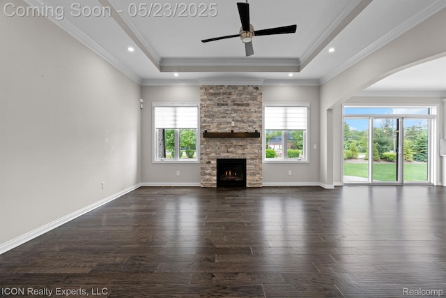 14153 Jode Park, Utica, MI 48315 - unfurnished living room featuring healthy amount of natural light, a tray ceiling, dark wood-type flooring, a ceiling fan, and crown molding