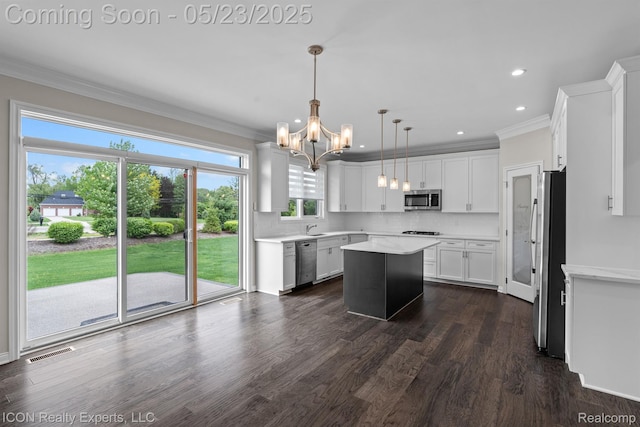 14153 Jode Park, Utica, MI 48315 - kitchen with stainless steel appliances, a chandelier, a center island, ornamental molding, and a sink