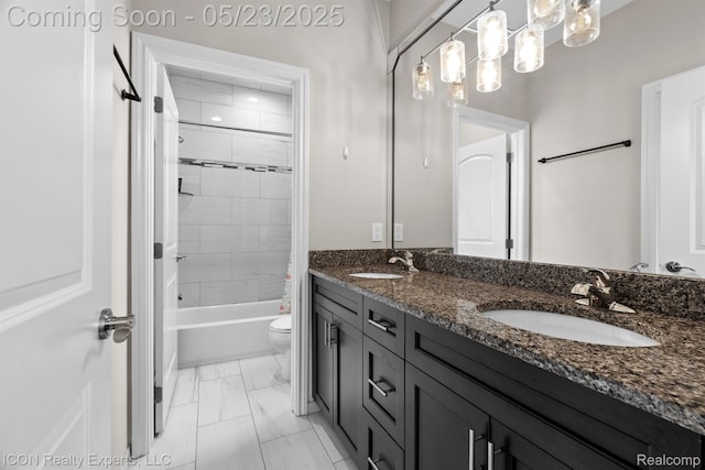 14153 Jode Park, Utica, MI 48315 - bathroom featuring double vanity, toilet, marble finish floors, and shower / bath combo