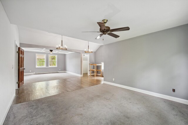 113 W Chicago St, Buchanan, MI 49107 - unfurnished living room featuring carpet floors, a chandelier, ceiling fan, baseboards, and a baseboard radiator