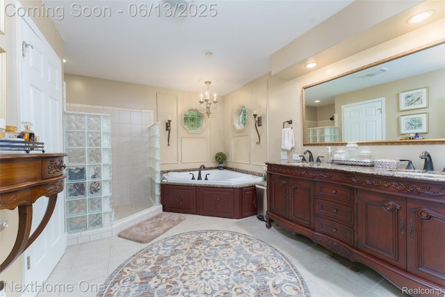 17351 Timber Crk, Holly, MI 48442 - full bath with walk in shower, a chandelier, a bath, tile patterned flooring, and recessed lighting