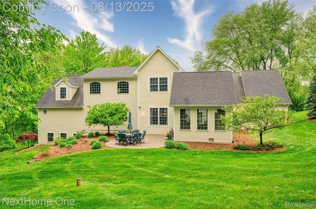 17351 Timber Crk, Holly, MI 48442 - rear view of property featuring a lawn, a patio, a shingled roof, and crawl space