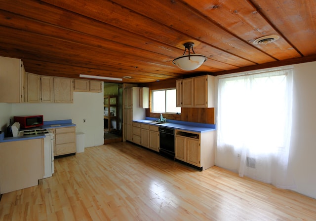kitchen with dishwasher, wood ceiling, light wood-style floors, and a sink