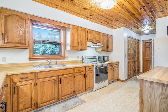 kitchen featuring white appliances, under cabinet range hood, a sink, light flooring, and wood ceiling