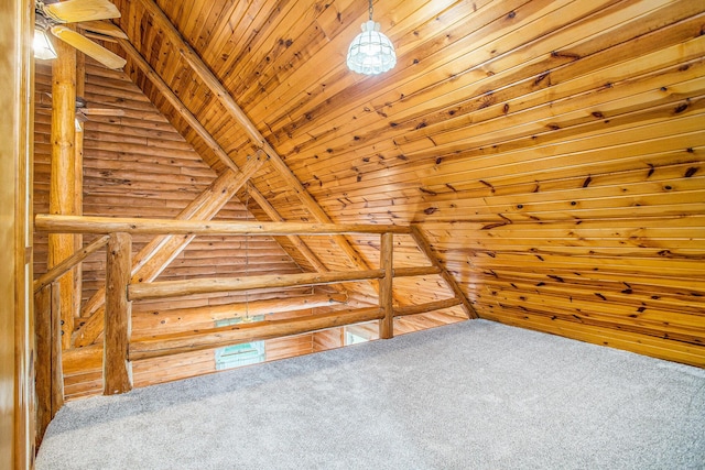 additional living space with wood ceiling, carpet floors, and rustic walls