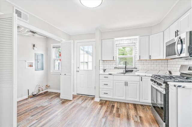 15016 Sunbury St, Livonia, MI 48154 - kitchen featuring appliances with stainless steel finishes, electric panel, a sink, light countertops, and light wood-style floors