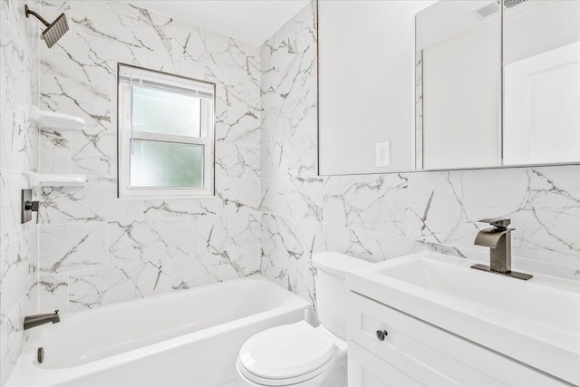 15016 Sunbury St, Livonia, MI 48154 - full bath with toilet, tile walls, shower / washtub combination, vanity, and tasteful backsplash