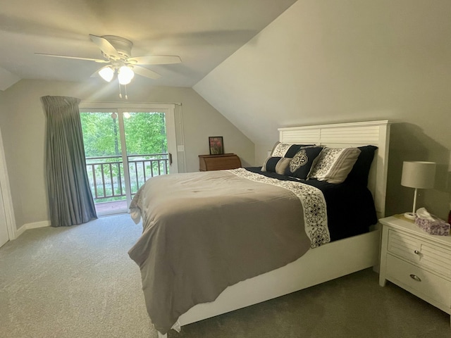 19490 Island Lake Rd, Chelsea, MI 48118 - carpeted bedroom featuring access to exterior, vaulted ceiling, a ceiling fan, and baseboards