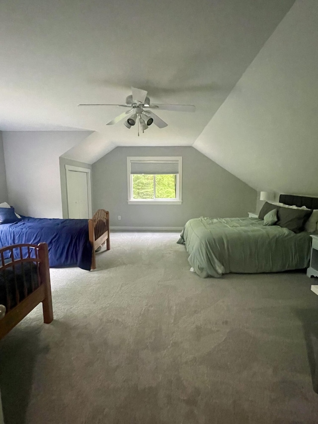 19490 Island Lake Rd, Chelsea, MI 48118 - bedroom with carpet floors, vaulted ceiling, and a ceiling fan