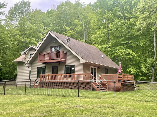 19490 Island Lake Rd, Chelsea, MI 48118 - back of house with a balcony, a wooden deck, a chimney, and a shingled roof