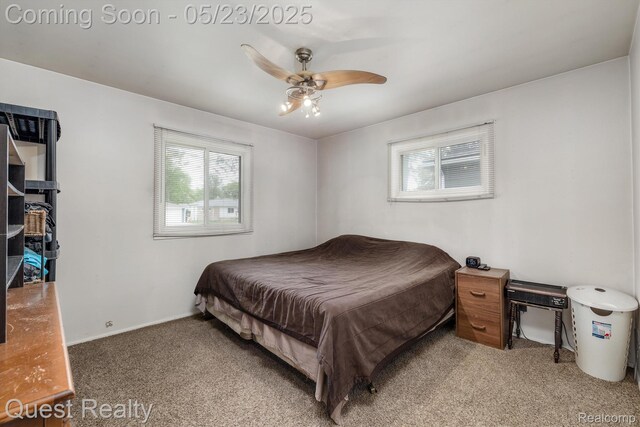 3680 Shoals St, Waterford, MI 48329 - bedroom with light carpet, multiple windows, ceiling fan, and baseboards