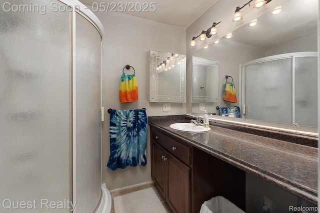 3680 Shoals St, Waterford, MI 48329 - bathroom featuring a stall shower, vanity, tile patterned flooring, and baseboards