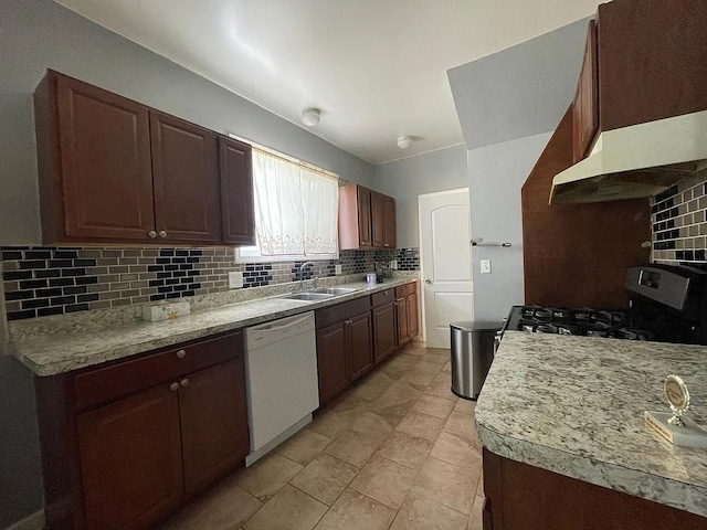 8056 Fisher Ave, Warren, MI 48089 - kitchen featuring dishwasher, a sink, backsplash, under cabinet range hood, and stainless steel gas range
