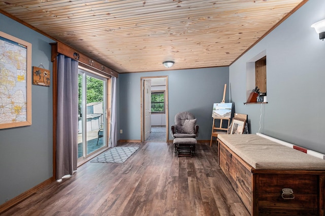 4171 E 124th St, Grant, MI 49327 - living area featuring wood ceiling, dark wood-style flooring, baseboards, and crown molding