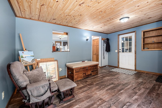 4171 E 124th St, Grant, MI 49327 - living area with baseboards, wood finished floors, wood ceiling, and crown molding
