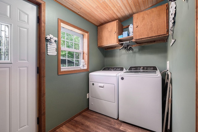 4171 E 124th St, Grant, MI 49327 - laundry room with cabinet space, washer and clothes dryer, wood ceiling, dark wood finished floors, and baseboards