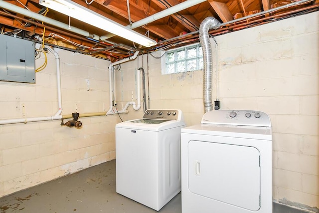 laundry area with electric panel and separate washer and dryer