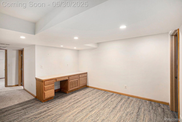 7254 Dark Lake Dr, Clarkston, MI 48346 - unfurnished office with baseboards, light wood finished floors, recessed lighting, and built in desk
