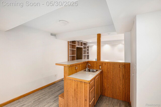 7254 Dark Lake Dr, Clarkston, MI 48346 - bar area featuring a sink, light wood finished floors, and baseboards