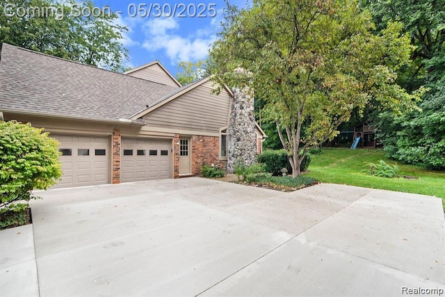 7254 Dark Lake Dr, Clarkston, MI 48346 - view of home's exterior featuring a garage, a yard, concrete driveway, brick siding, and a playground