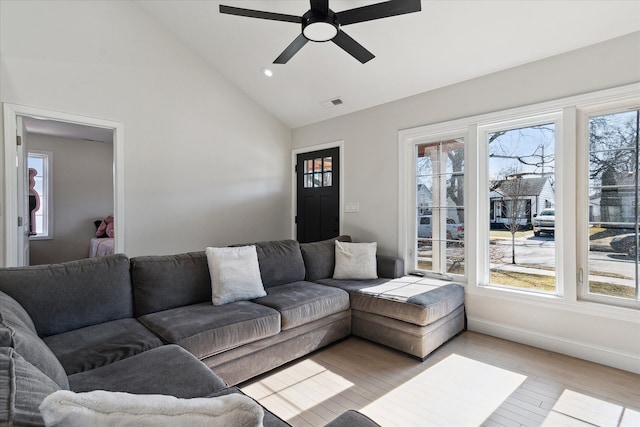 1826 Morris Ave, Lincoln Park, MI 48146 - living area with light wood-style floors, ceiling fan, recessed lighting, baseboards, and high vaulted ceiling