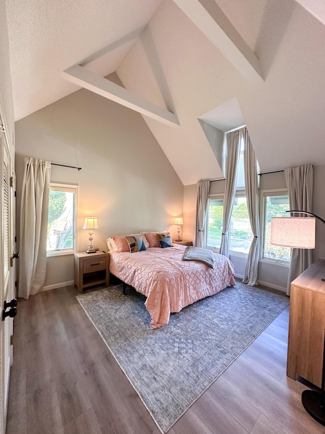 130 N Shore Dr Unit 8, South Haven, MI 49090 - bedroom with multiple windows, wood finished floors, vaulted ceiling, and baseboards