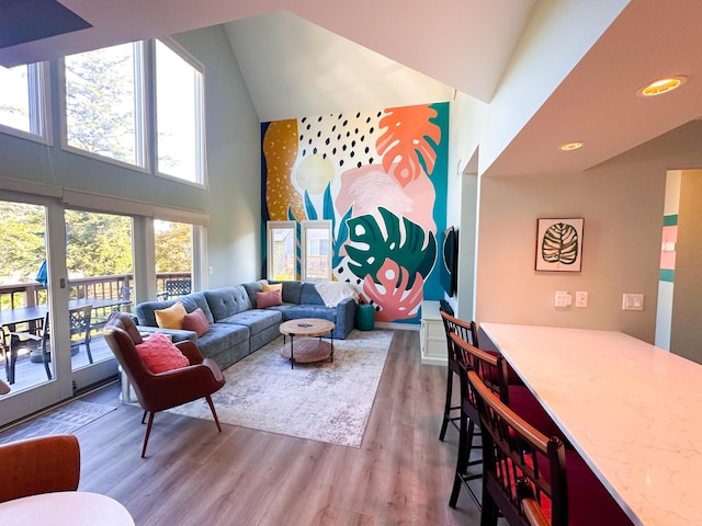 130 N Shore Dr Unit 8, South Haven, MI 49090 - living area featuring a high ceiling, wood finished floors, and recessed lighting