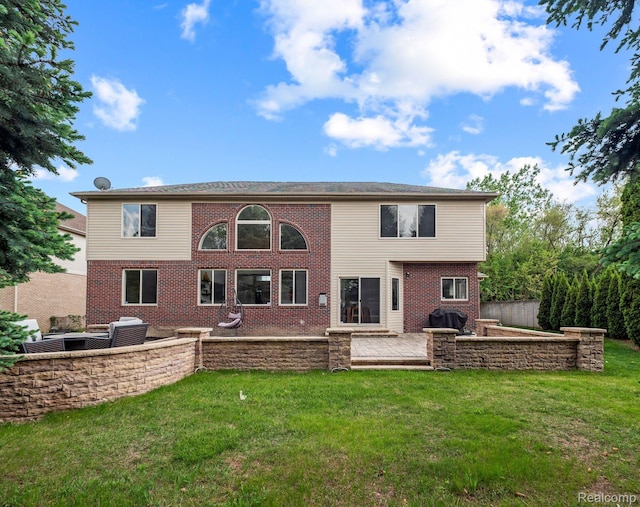 1231 Burns Dr, Troy, MI 48083 - back of house with a lawn, brick siding, central AC, and a patio area