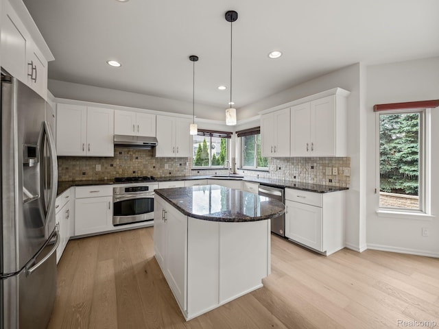 1231 Burns Dr, Troy, MI 48083 - kitchen with appliances with stainless steel finishes, a sink, under cabinet range hood, light wood-style floors, and recessed lighting