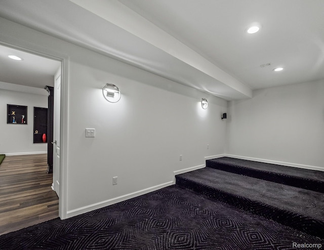 1231 Burns Dr, Troy, MI 48083 - finished basement with baseboards, recessed lighting, and dark carpet