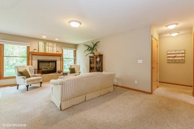 18855 Lonergan St, New Buffalo, MI 49117 - living area featuring carpet floors, baseboards, and a tiled fireplace