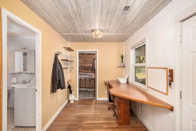 2574 S Lake Pleasant Rd, Metamora, MI 48455 - office area featuring wood ceiling, wood finished floors, and baseboards