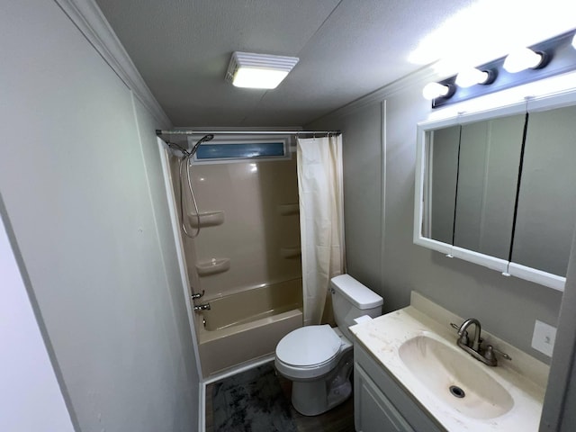 3820 Kaiser Rd, Tecumseh, MI 49286 - bathroom with crown molding, toilet, shower / tub combo, vanity, and a textured ceiling