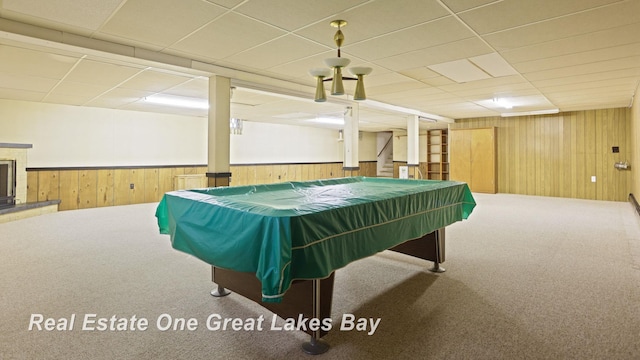 5354 N River Rd, Freeland, MI 48623 - recreation room featuring carpet, wooden walls, pool table, and a paneled ceiling