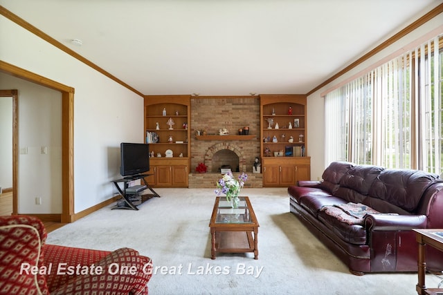4168 Windemere Dr, Saginaw, MI 48603 - living area featuring built in features, a fireplace, carpet floors, baseboards, and ornamental molding