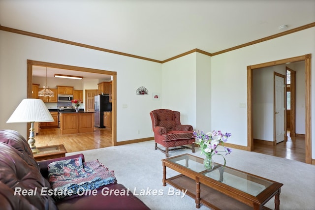 4168 Windemere Dr, Saginaw, MI 48603 - living room with crown molding, light carpet, baseboards, and light wood-type flooring
