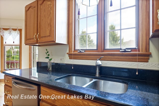 4168 Windemere Dr, Saginaw, MI 48603 - kitchen featuring dishwasher, a sink, brown cabinets, and dark stone countertops