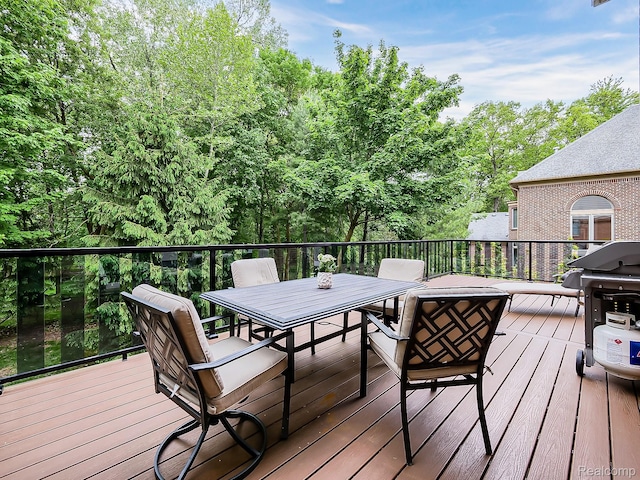 4575 Forest Edge Ln, West Bloomfield, MI 48323 - wooden terrace with outdoor dining area and a grill