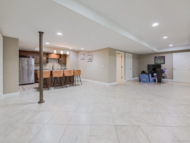 4575 Forest Edge Ln, West Bloomfield, MI 48323 - living area with wet bar, recessed lighting, baseboards, and light tile patterned floors