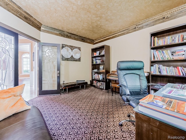4575 Forest Edge Ln, West Bloomfield, MI 48323 - office area with ornamental molding, carpet flooring, and a textured ceiling