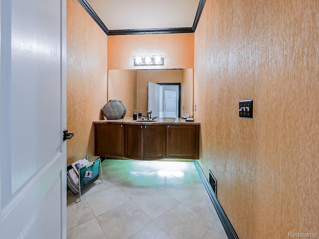 4575 Forest Edge Ln, West Bloomfield, MI 48323 - bathroom featuring vanity, tile patterned flooring, crown molding, and a textured wall