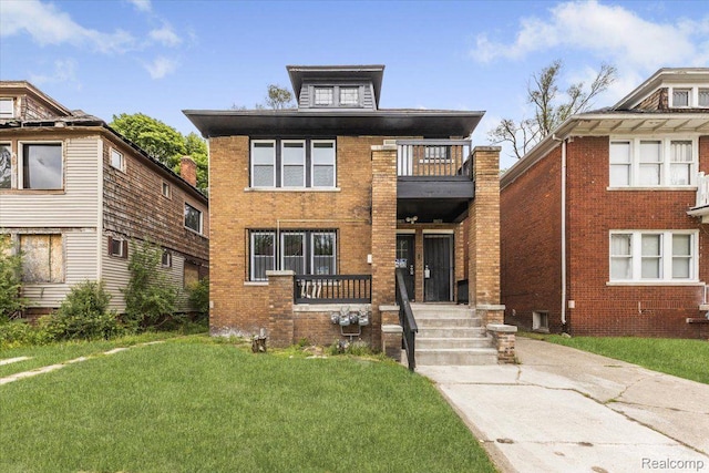 12242 Washburn St, Detroit, MI 48204 - american foursquare style home featuring a balcony, a front lawn, and brick siding