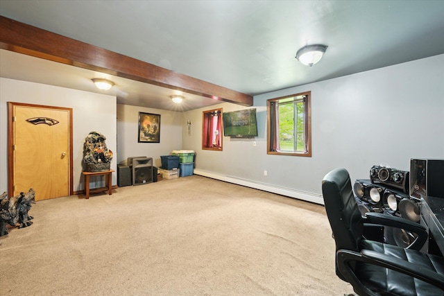 6544 Woodland Rd, Whitmore Lake, MI 48189 - carpeted office with a baseboard radiator, beam ceiling, and baseboards