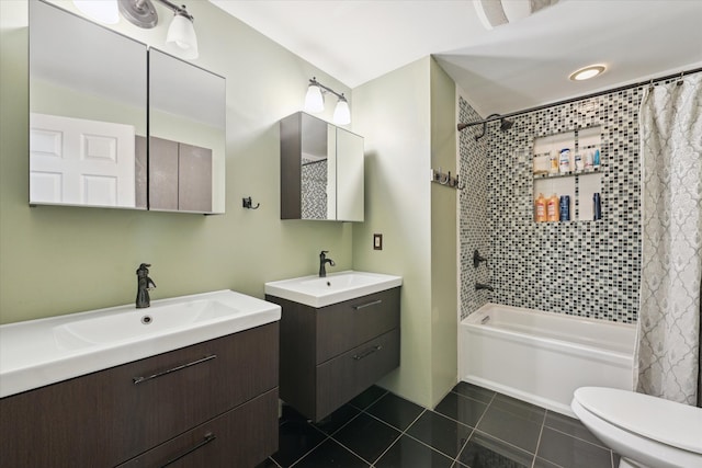 6544 Woodland Rd, Whitmore Lake, MI 48189 - bathroom featuring tile patterned flooring, shower / bathtub combination with curtain, toilet, and two vanities